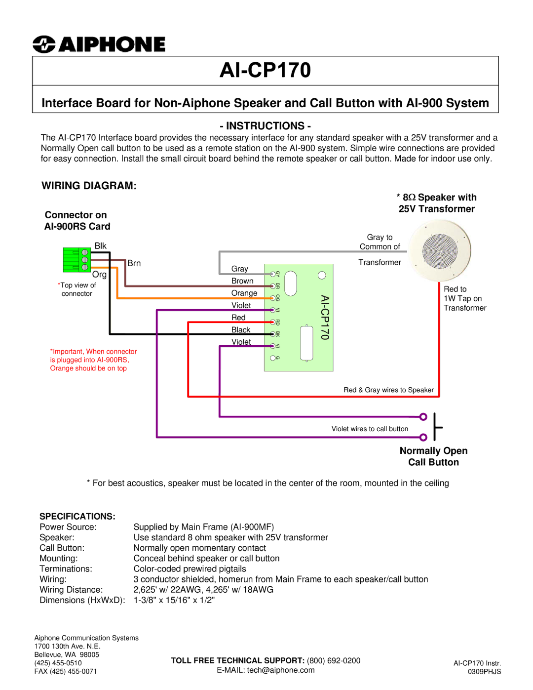 Aiphone AI-CP170 specifications Instructions, Wiring Diagram 