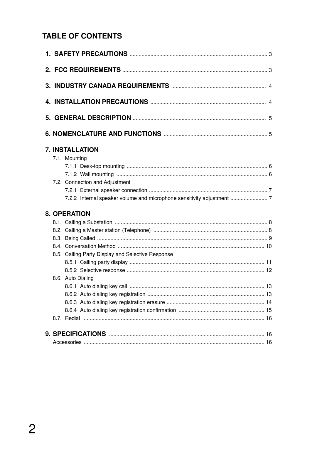 Aiphone AI-MS900 manual Table of Contents 