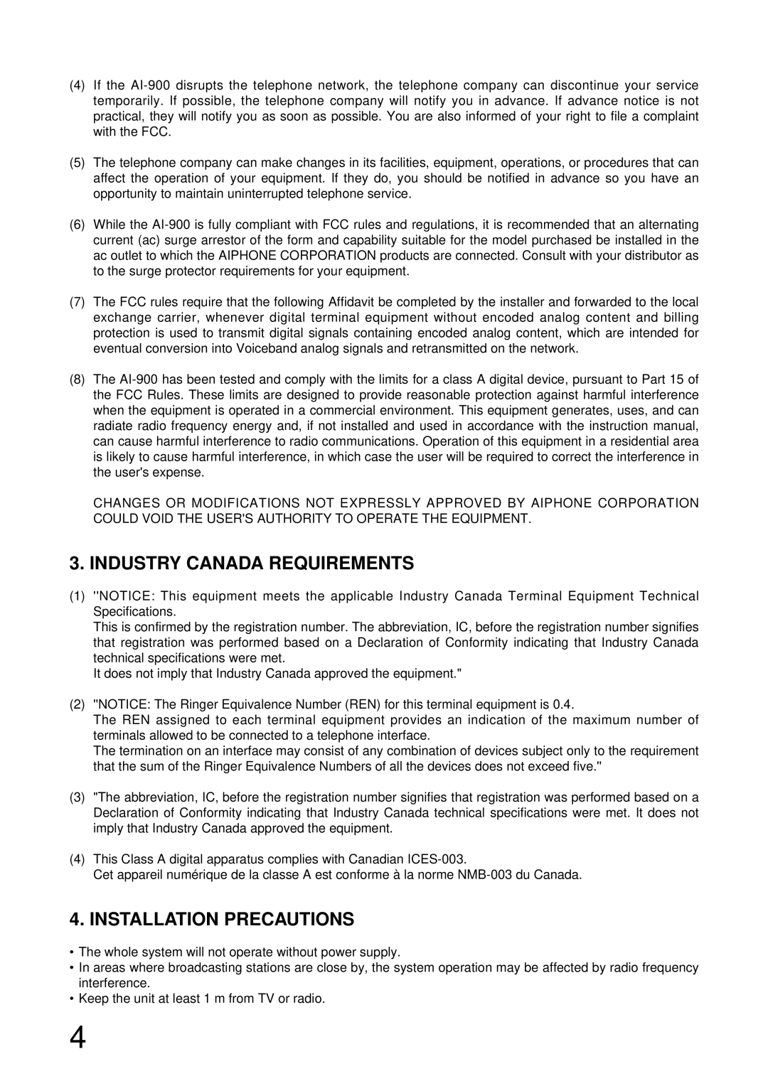 Aiphone AI-MS900 manual Industry Canada Requirements 