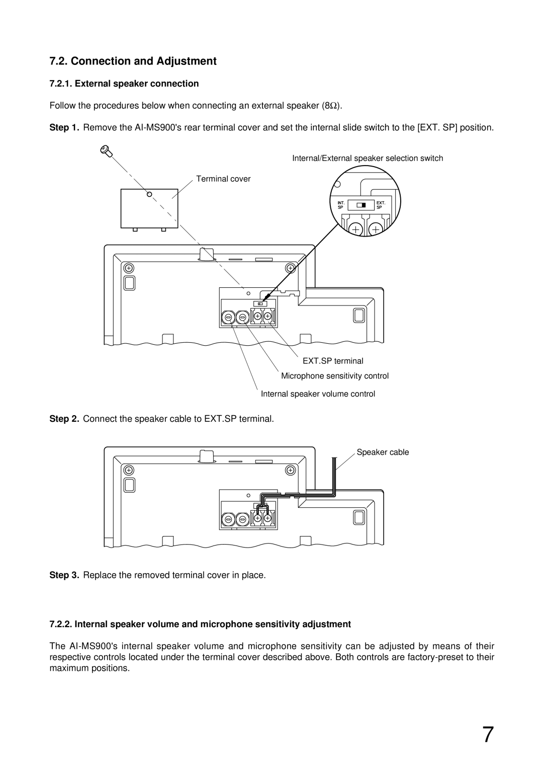 Aiphone AI-MS900 manual Connection and Adjustment, External speaker connection 