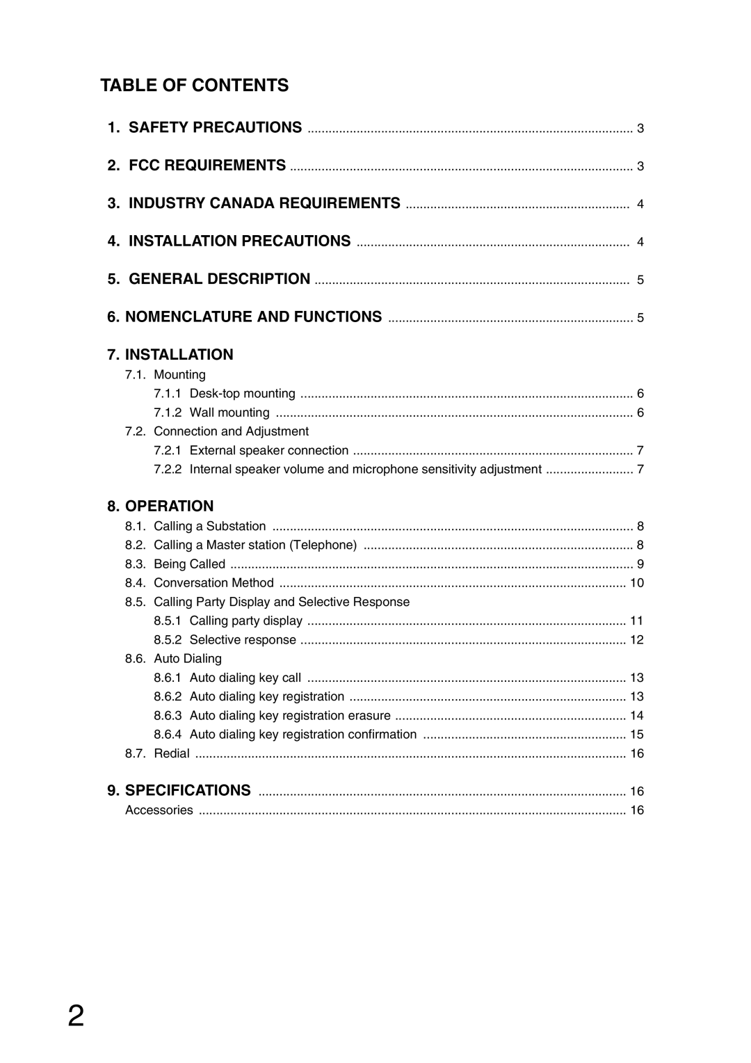 Aiphone AI-MS900 instruction manual Table of Contents 