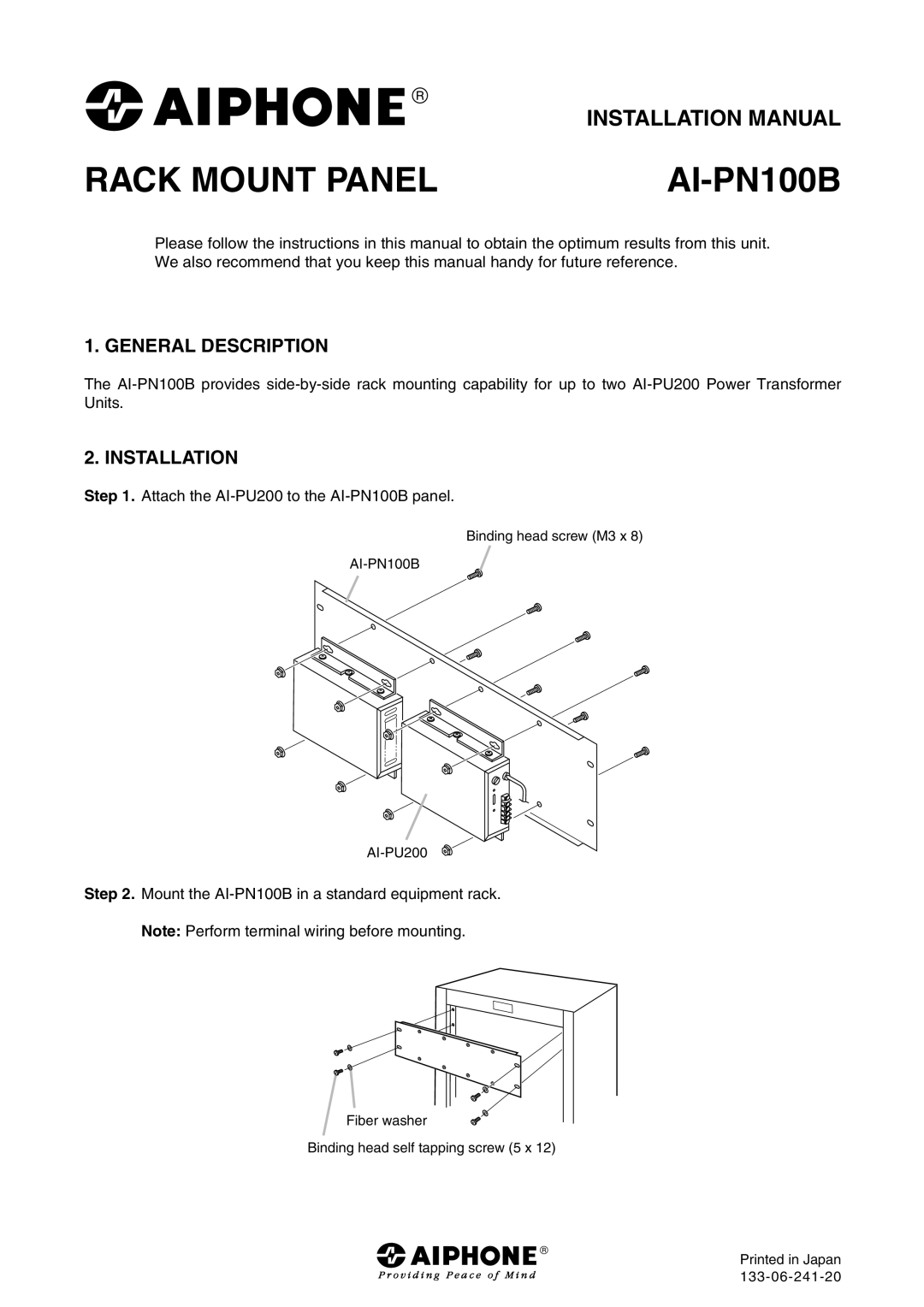 Aiphone BRACK MOUNT PANEL installation manual Rack Mount Panel AI-PN100B, General Description, Installation 