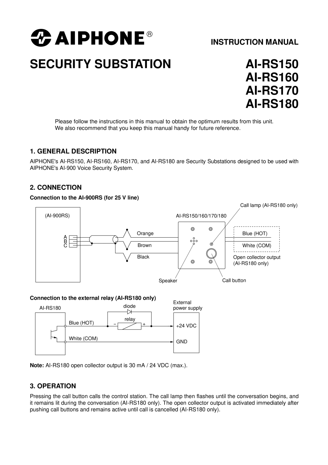 Aiphone AI-RS150 AI-RS160 AI-RS170 AI-RS180 instruction manual Security Substation 