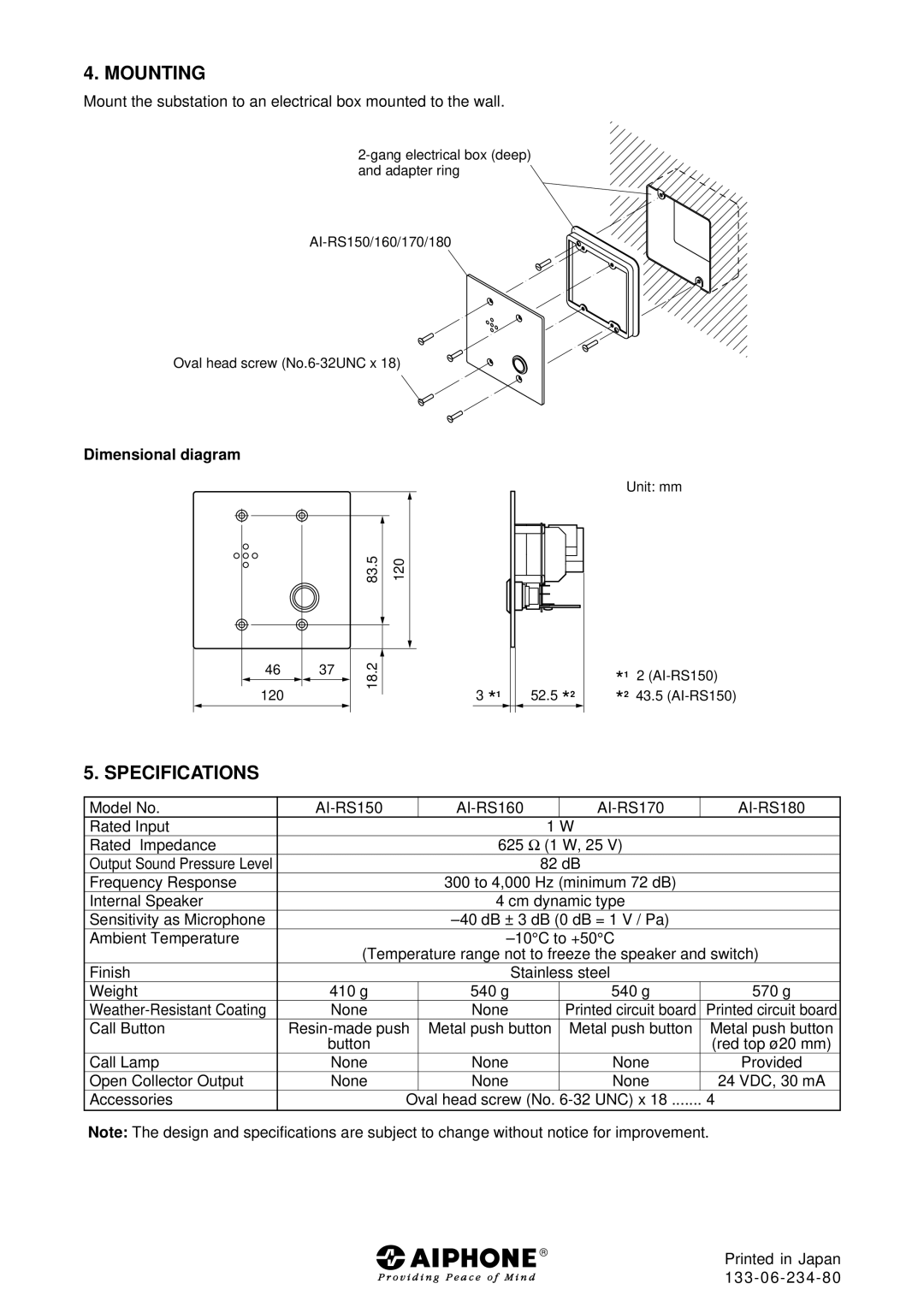 Aiphone AI-RS170, AI-RS160, AI-RS180, AI-RS150 instruction manual 52.5 *2, Mounting, Specifications, Dimensional diagram 