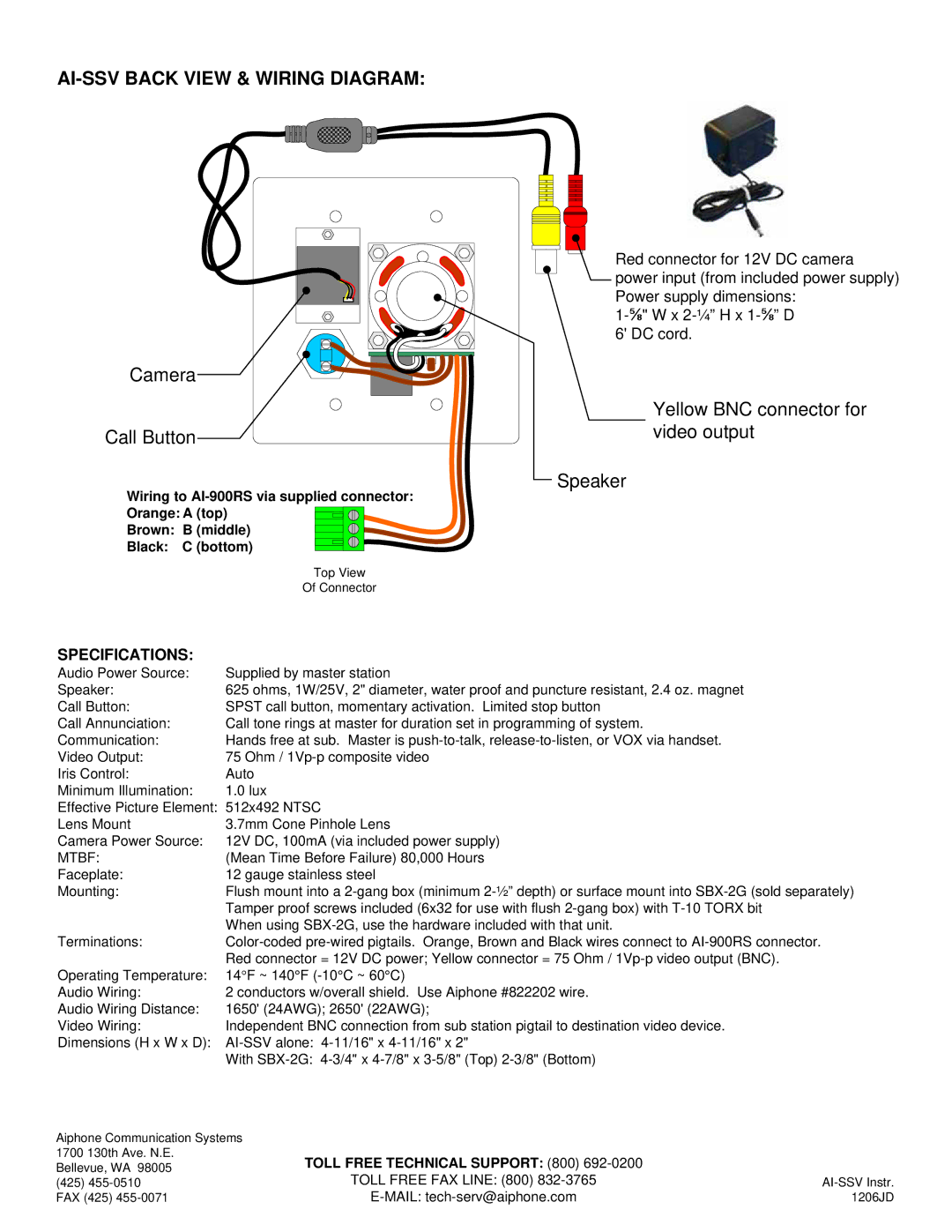 Aiphone manual AI-SSV Back View & Wiring Diagram, Camera Call Button, Yellow BNC connector for video output Speaker 