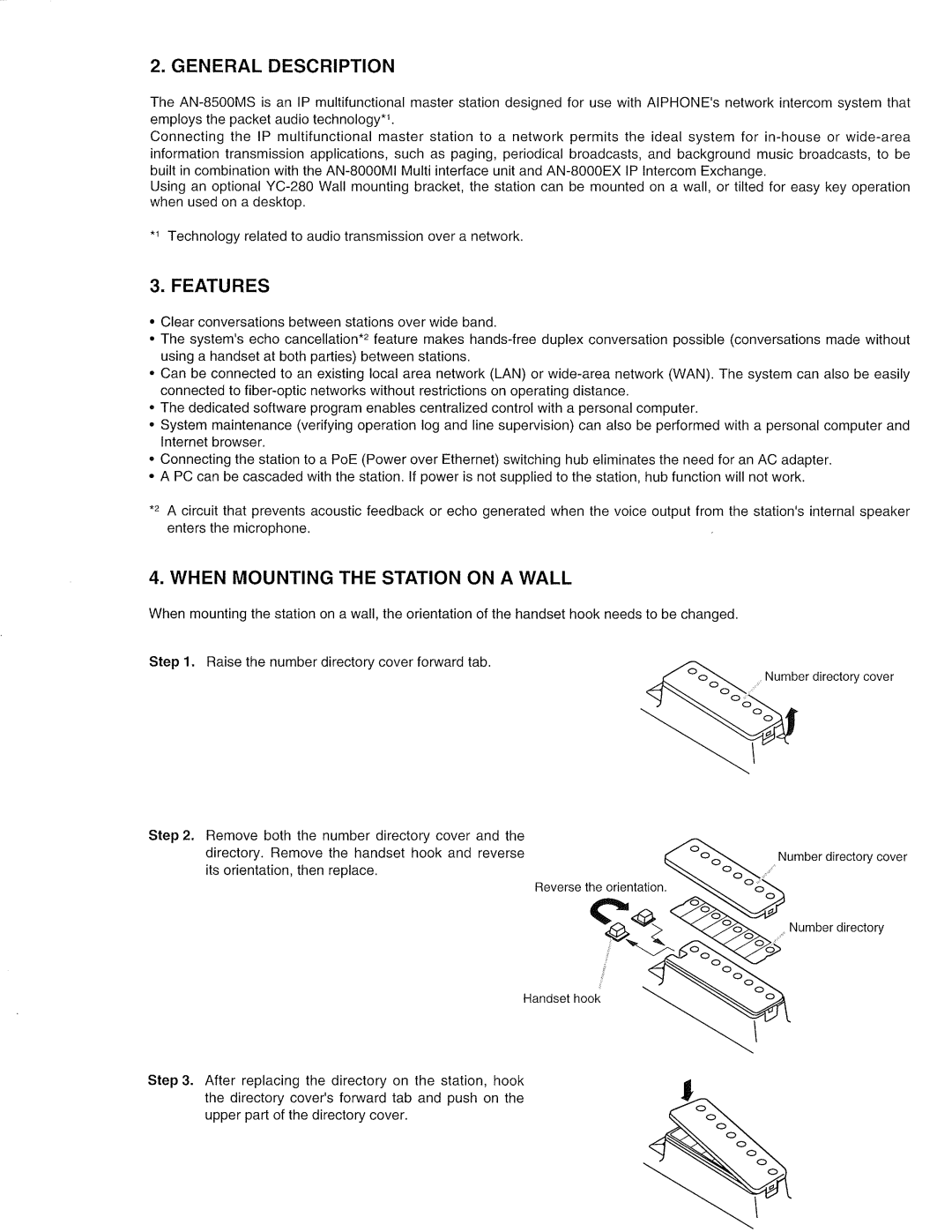 Aiphone AN-8500MS manual General Description, Features, When Mounting the Station on a Wall 