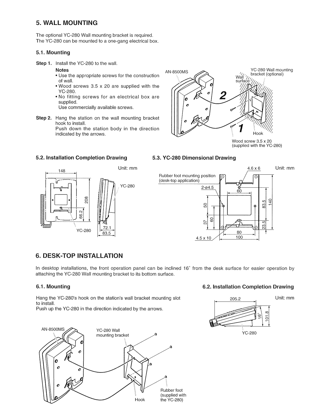 Aiphone AN-8500MS manual Wall Mounting, Installation Completion Drawing YC-280 Dimensional Drawing, Mounting Installation 