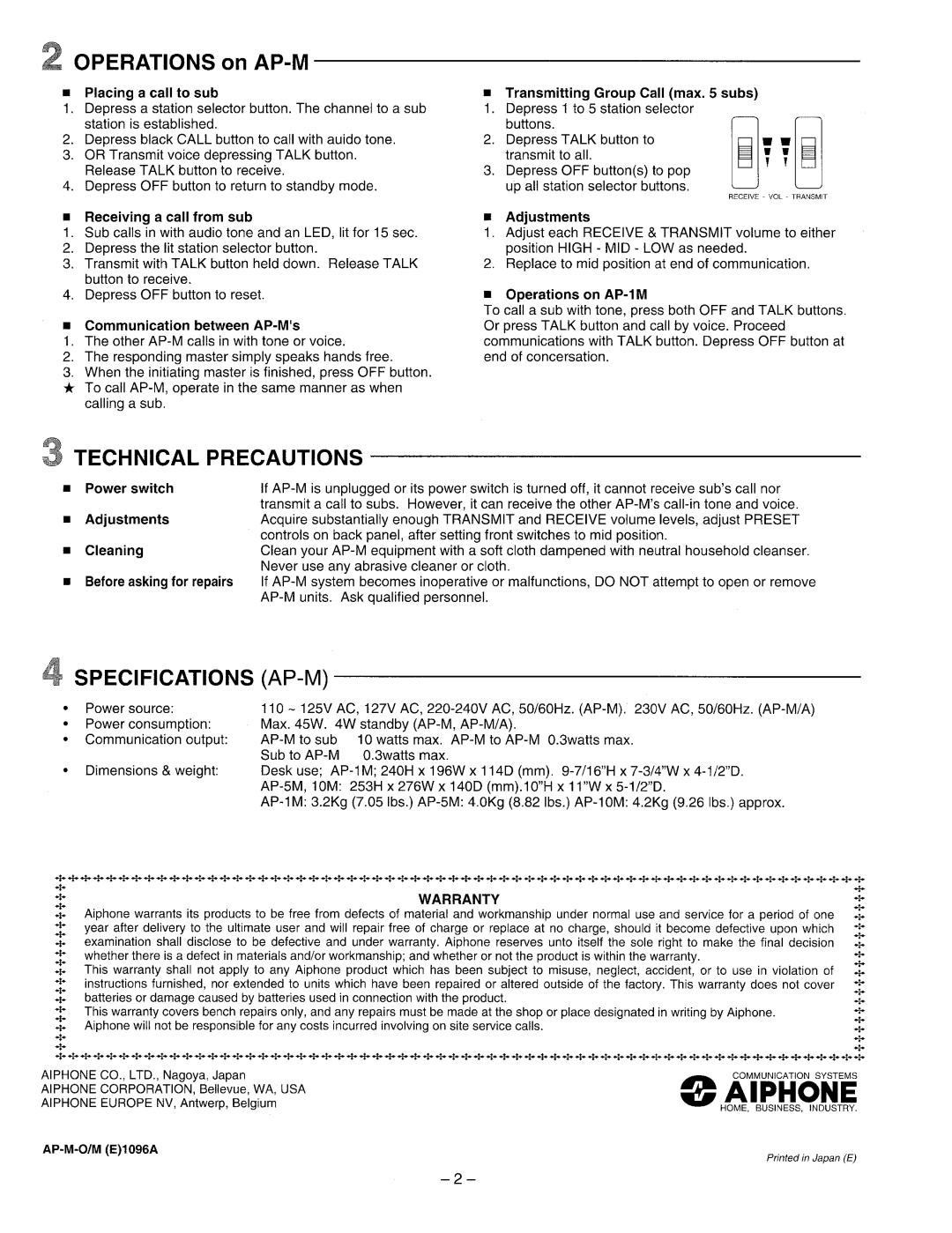 Aiphone AP-1M, Ap-5m, AP-10M manual 