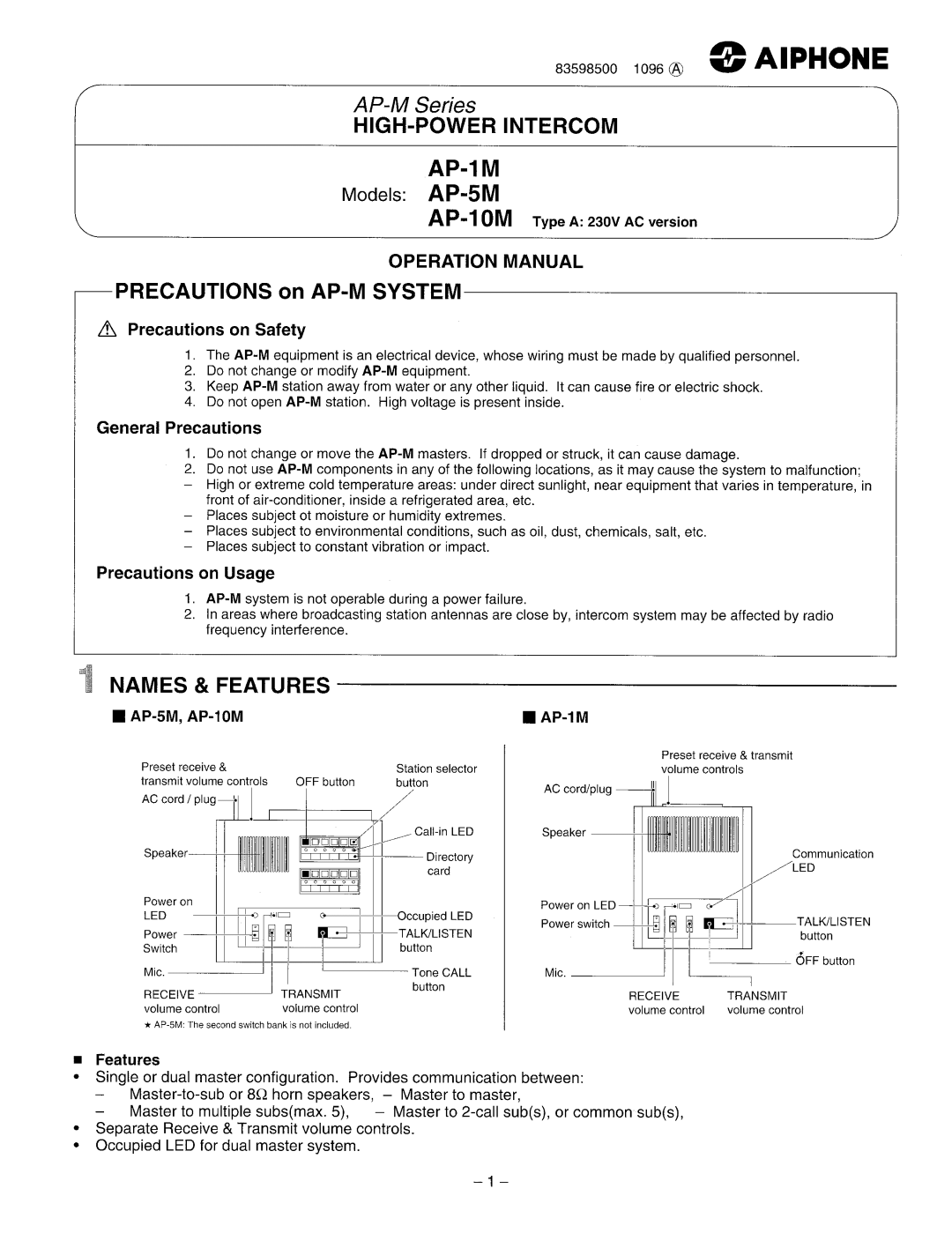 Aiphone AP-10M, Ap-5m manual 