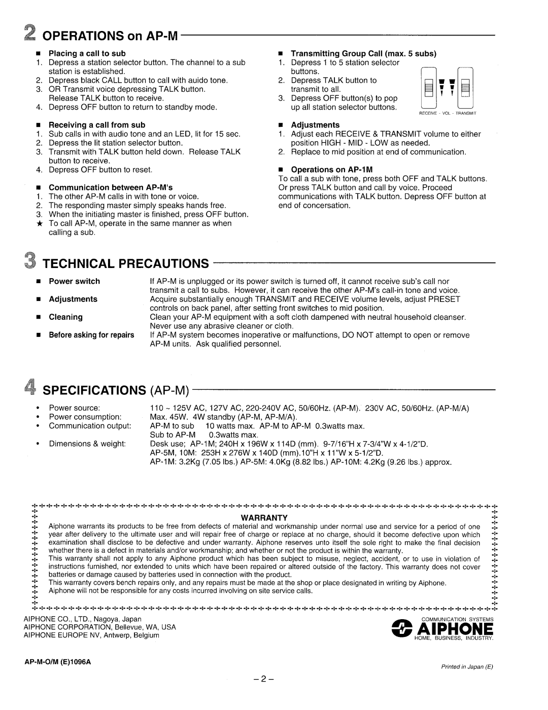Aiphone Ap-5m, AP-10M manual 