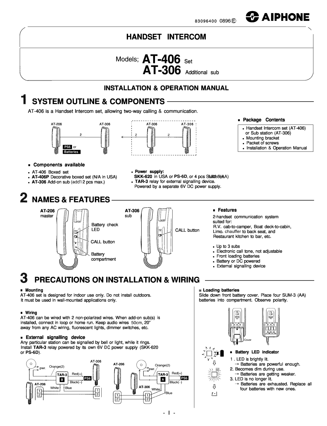 Aiphone operation manual $$$j~, yodels AT-406 AT-306, Handset Intercom, System Outline & Components, Names & Features 