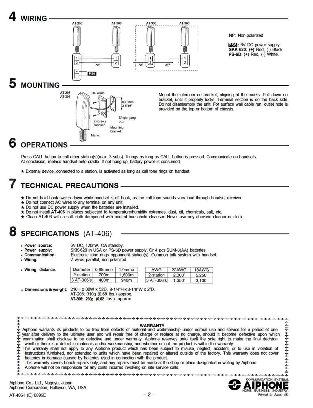 Aiphone AT-406, AT-306 operation manual 