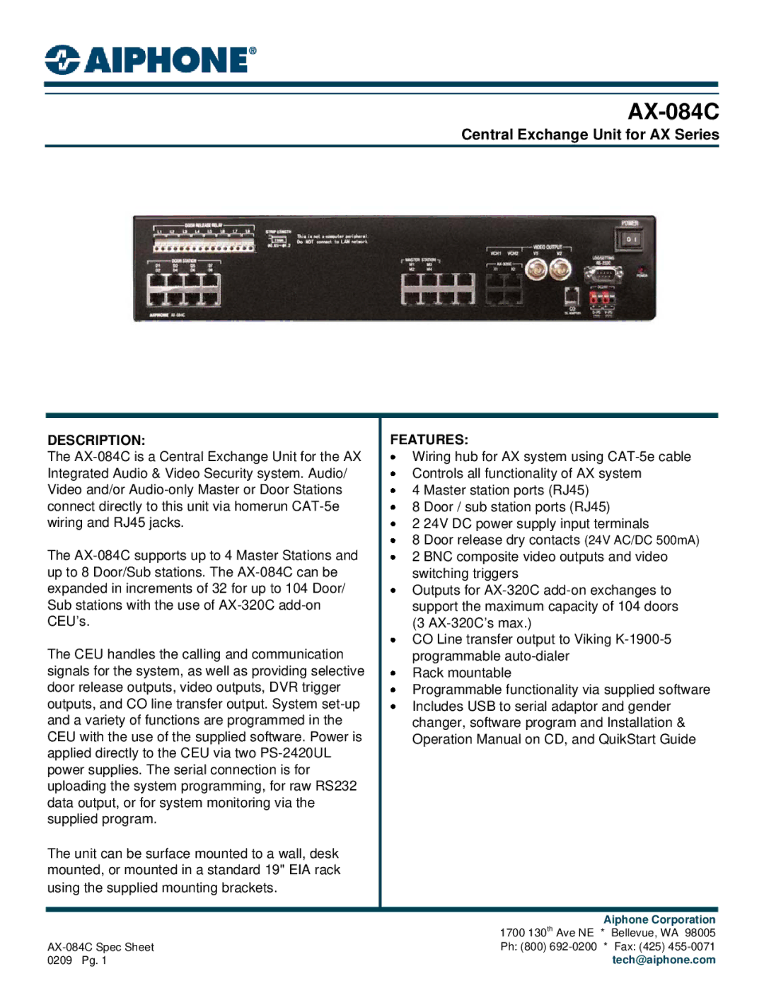 Aiphone AX-084C operation manual Central Exchange Unit for AX Series, Description, Features 