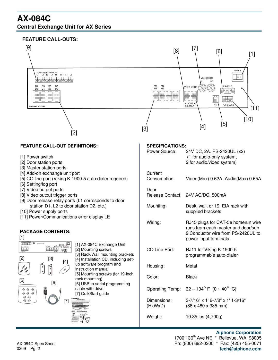 Aiphone AX-084C operation manual Feature CALL-OUTS, Feature CALL-OUT Definitions, Package Contents, Specifications 