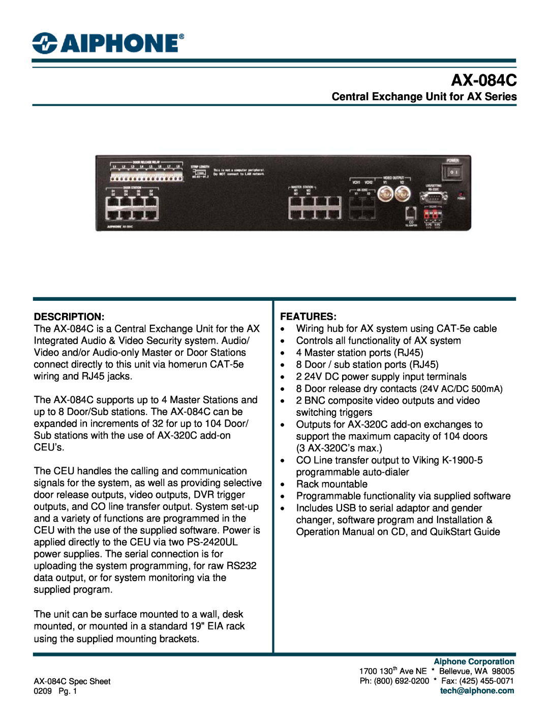 Aiphone AX-084C operation manual Central Exchange Unit for AX Series, Description, Features 