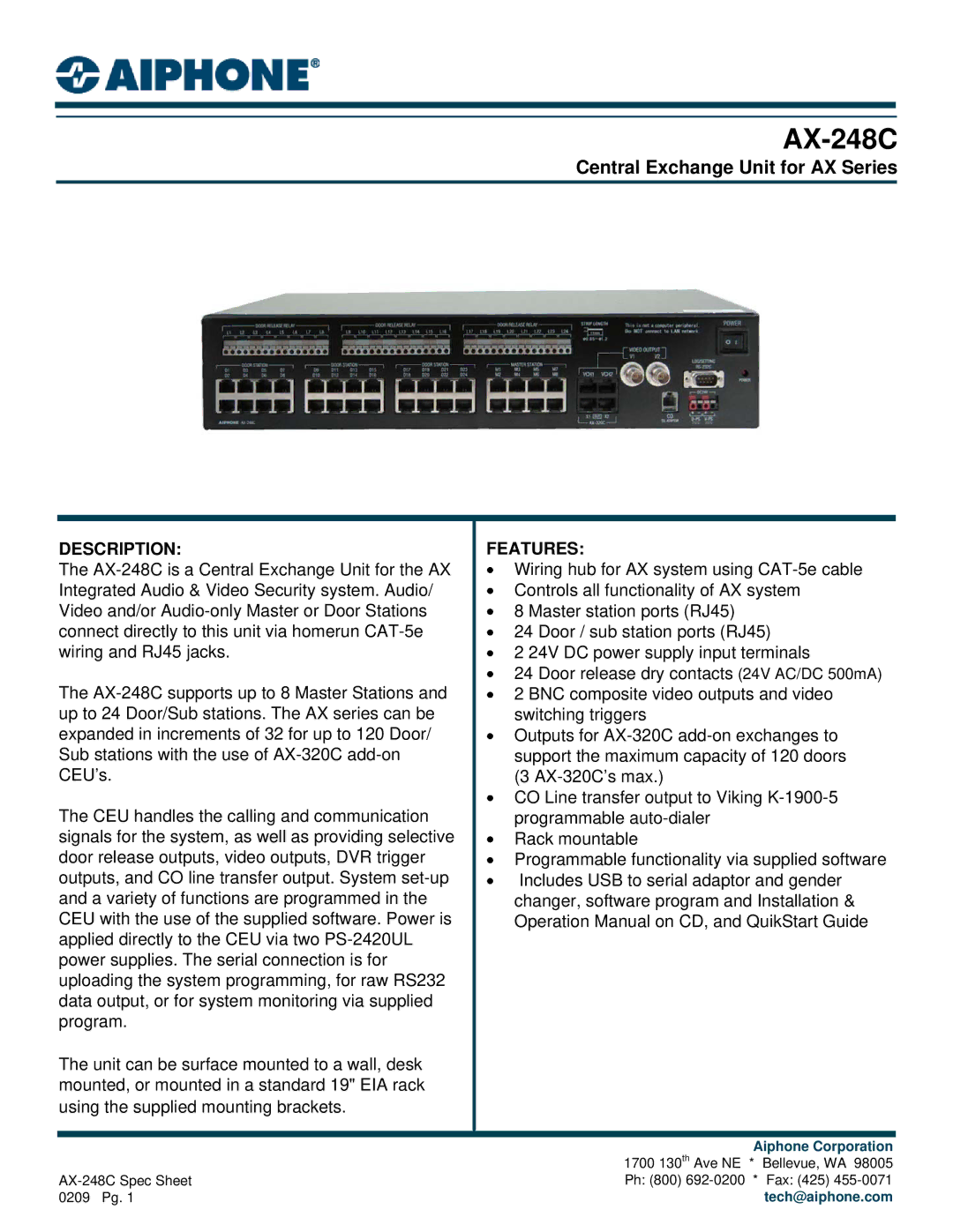 Aiphone AX-248C operation manual Central Exchange Unit for AX Series, Description, Features 