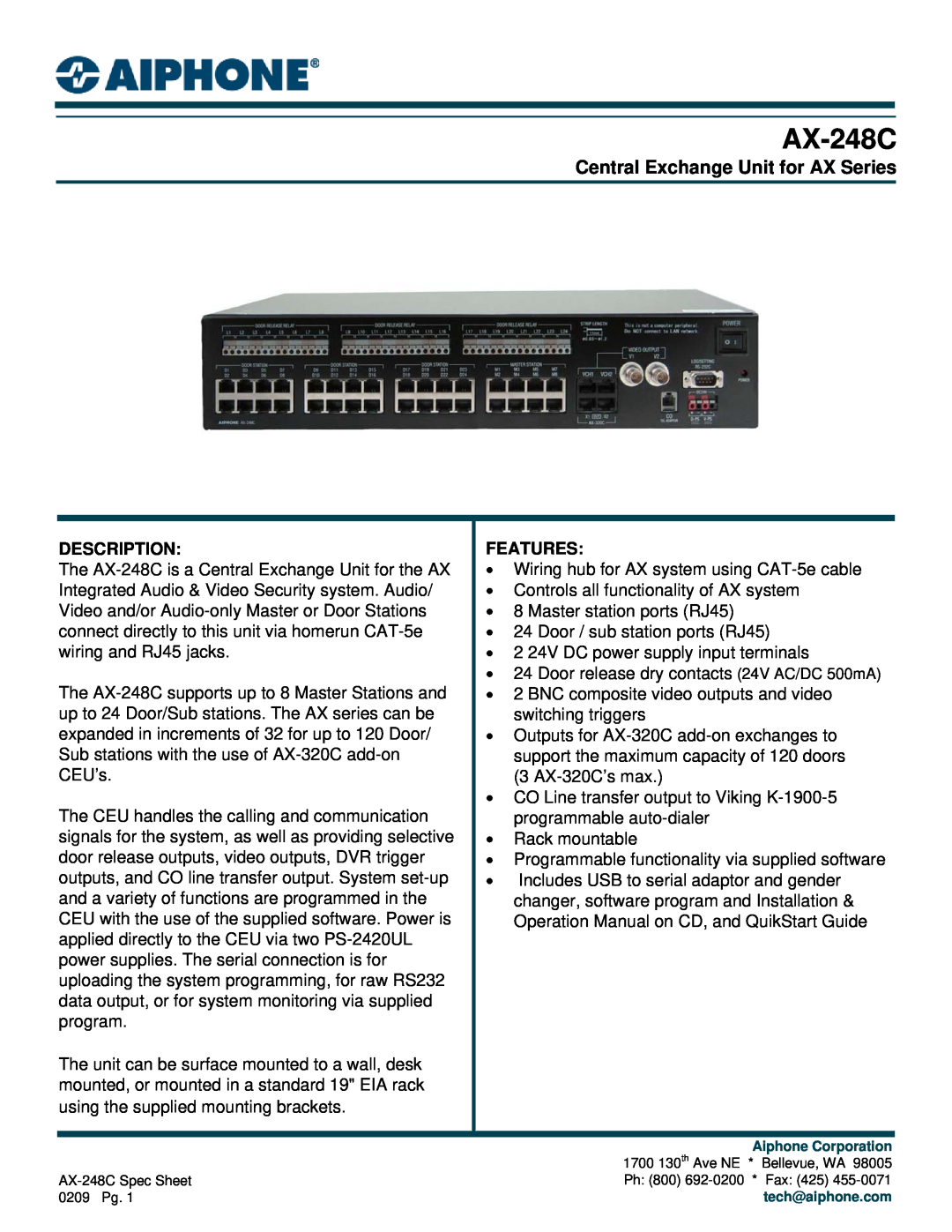Aiphone AX-248C operation manual Central Exchange Unit for AX Series, Description, Features 
