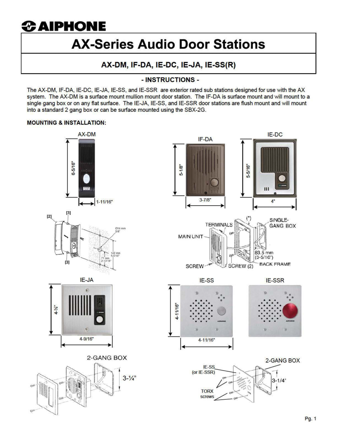Aiphone IE-SS(R), AX-DM, IF-DA, IE-JA manual 