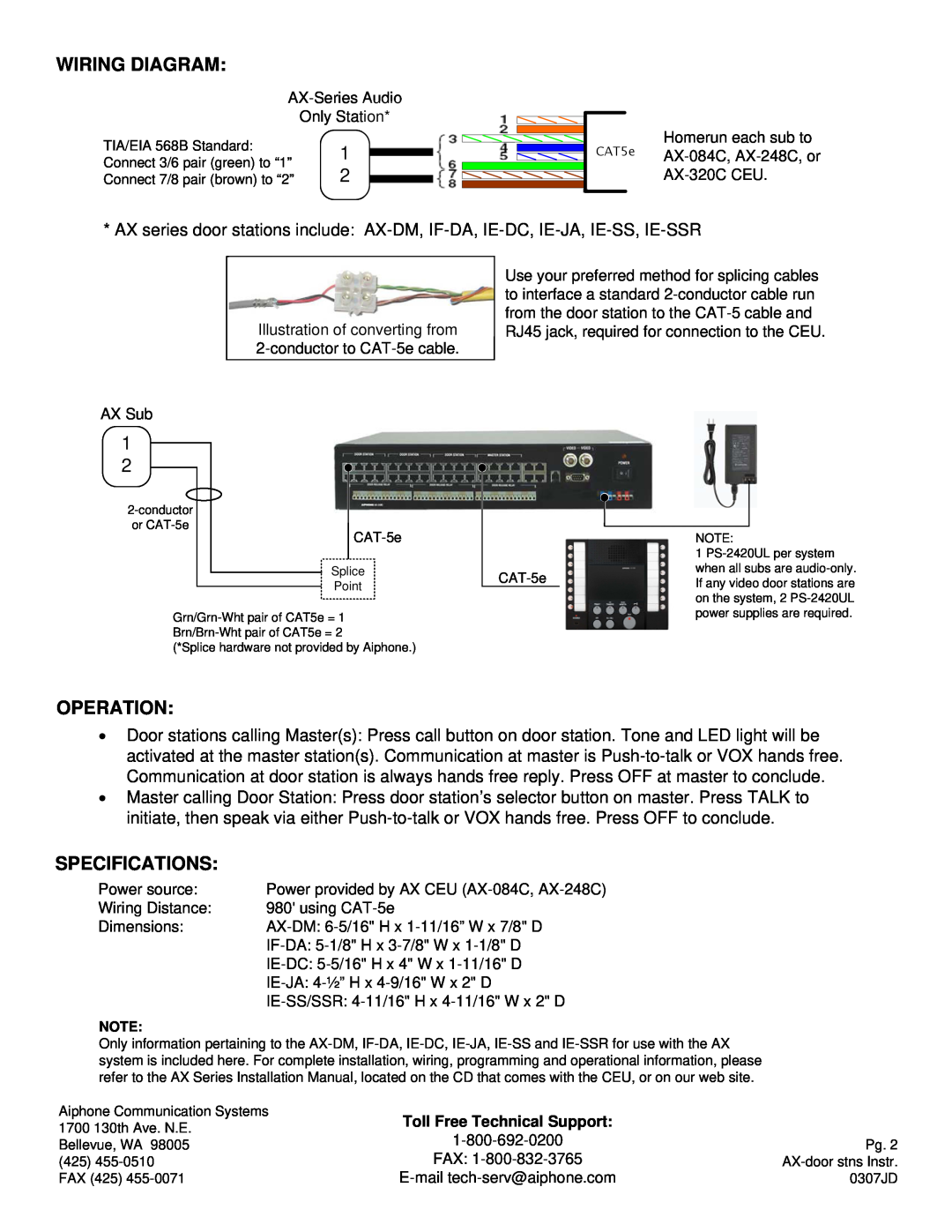 Aiphone IF-DA, AX-DM, IE-SS(R), IE-JA manual Wiring Diagram, Operation, Specifications 