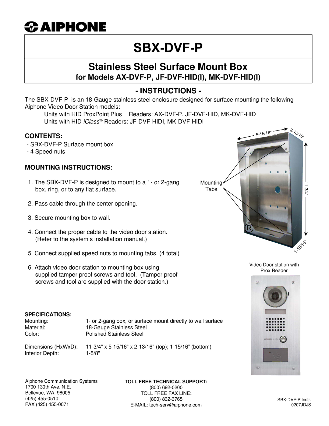 Aiphone SBX-DVF-P, AX-DVF-P installation manual Stainless Steel Surface Mount Box, Contents, Mounting Instructions 