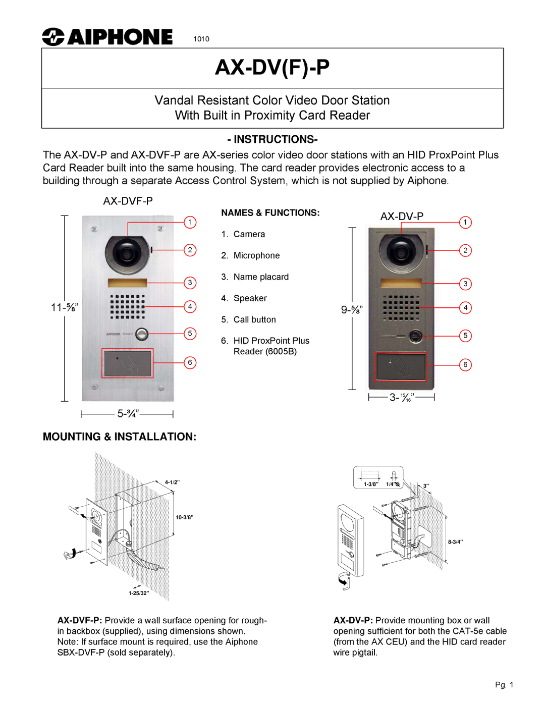 Aiphone AX-DVF-P dimensions Instructions, Ax-Dvf-P, 11-⅝, 1516, Mounting & Installation 