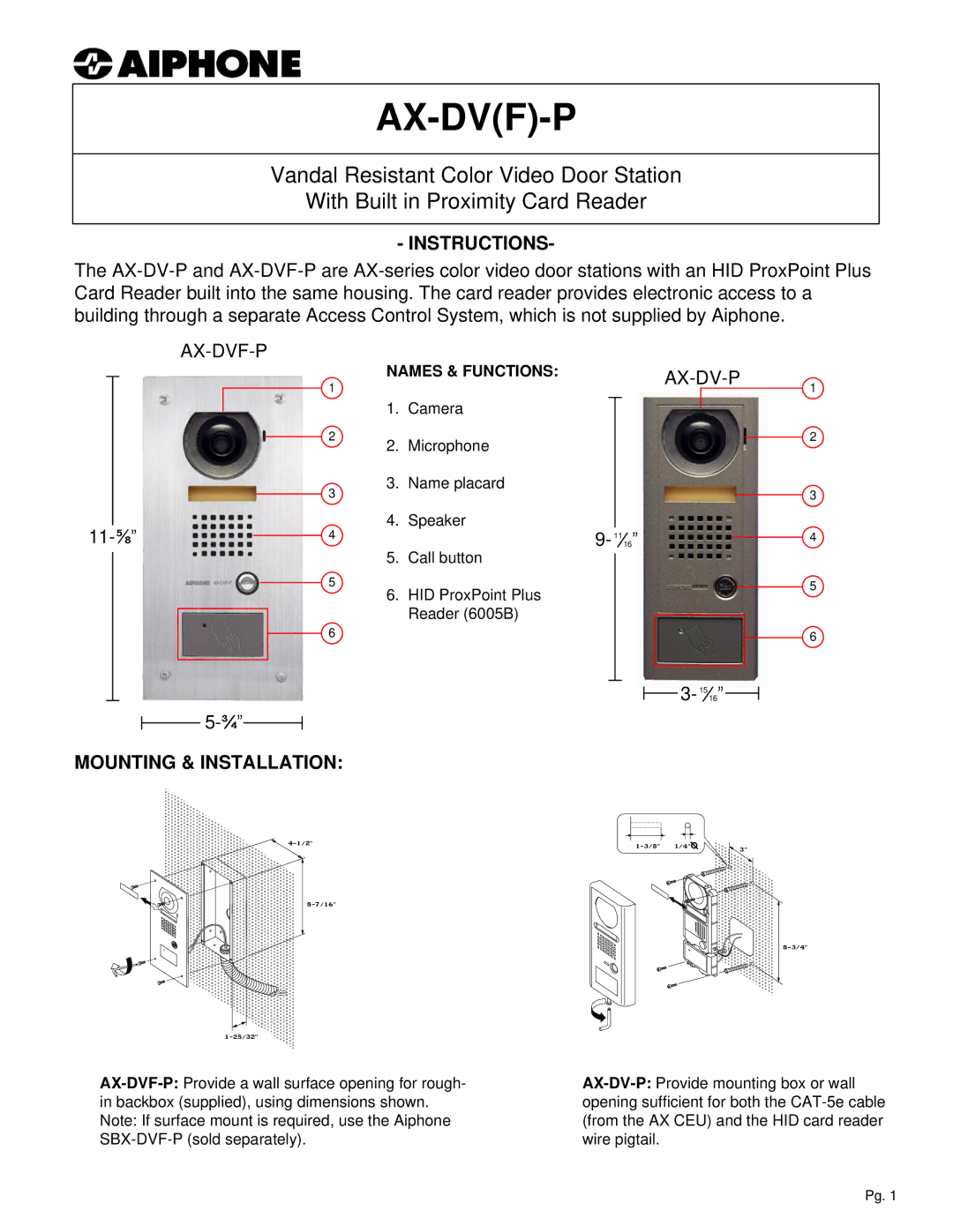 Aiphone AX-DV(F)-P dimensions Ax-Dvf-P, Instructions, Mounting & Installation, Names & Functions 