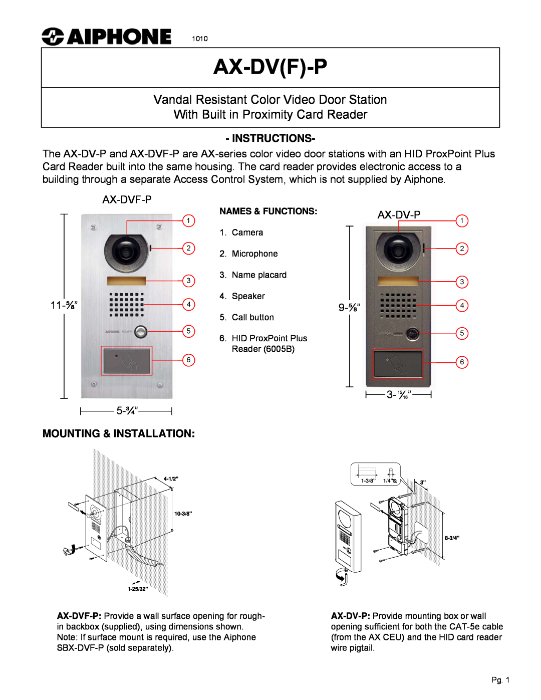 Aiphone AX-DVF-P dimensions Instructions, Mounting & Installation, Vandal Resistant Color Video Door Station 
