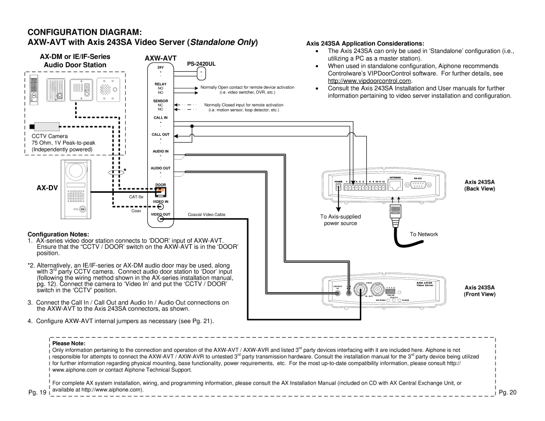 Aiphone AXW-AVR manual AX-DM or IE/IF-Series Audio Door Station, Axis 243SA Application Considerations, Configuration Notes 