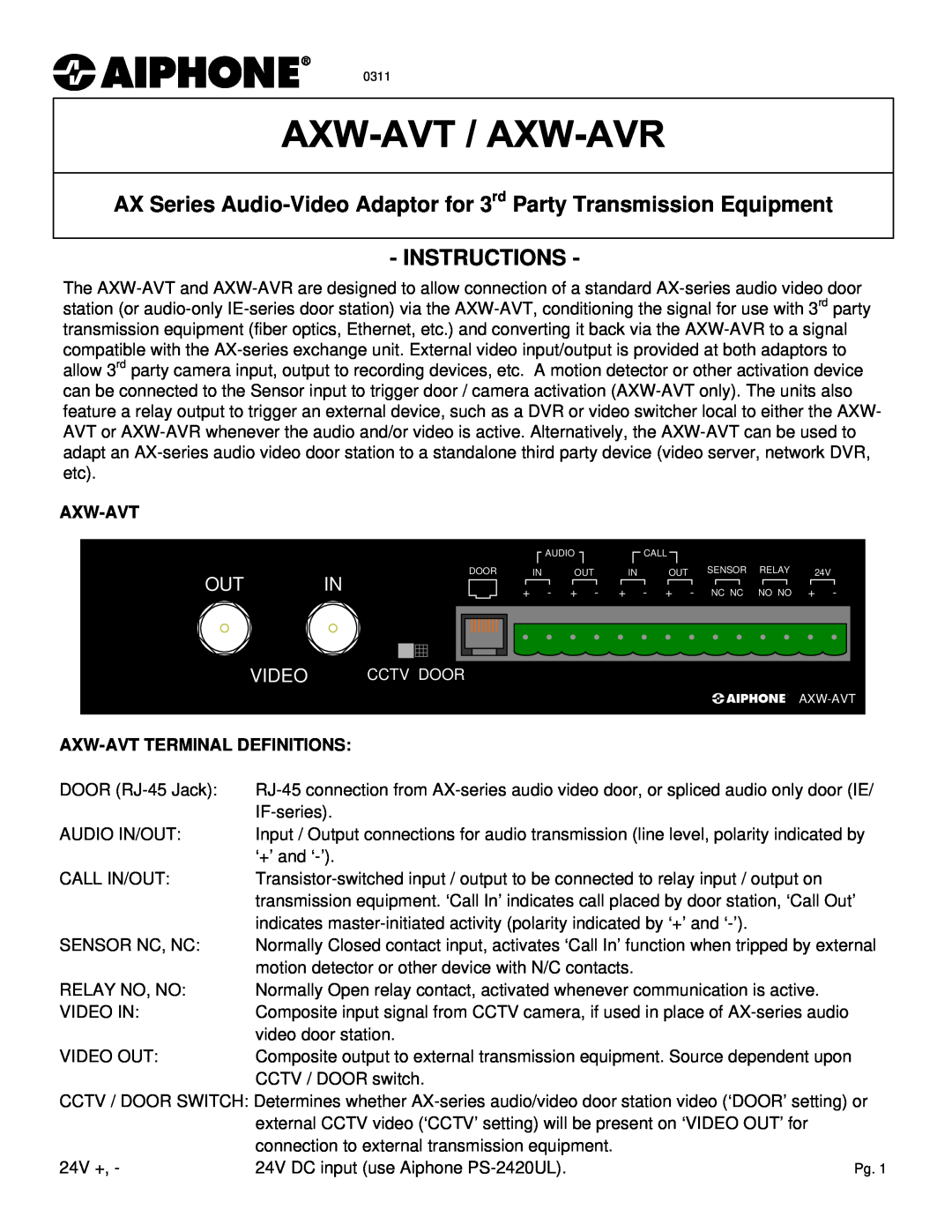 Aiphone AXW-AVR, AXW-AVT manual Out In, Video, Instructions, Axw-Avtterminal Definitions 