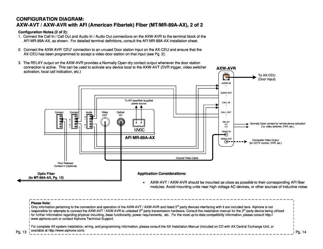 Aiphone AXW-AVT manual Configuration Diagram, Axw-Avr, AFI MR-89A-AX, Configuration Notes 2 of, Application Considerations 