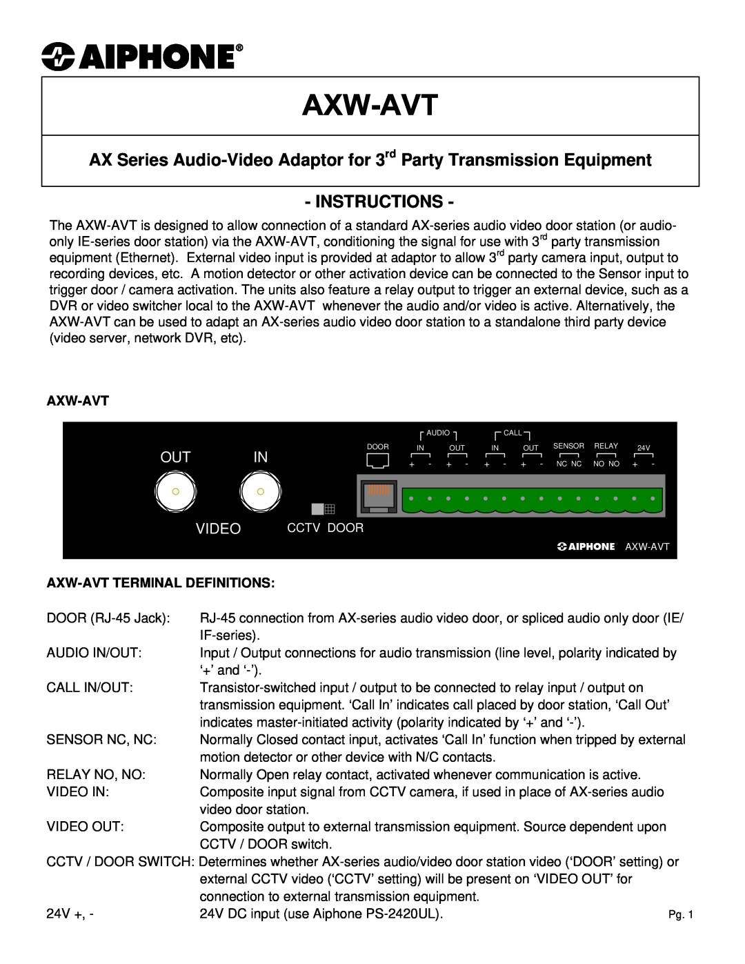 Aiphone AXW-AVT manual Instructions, Out In, Video, Axw-Avtterminal Definitions 