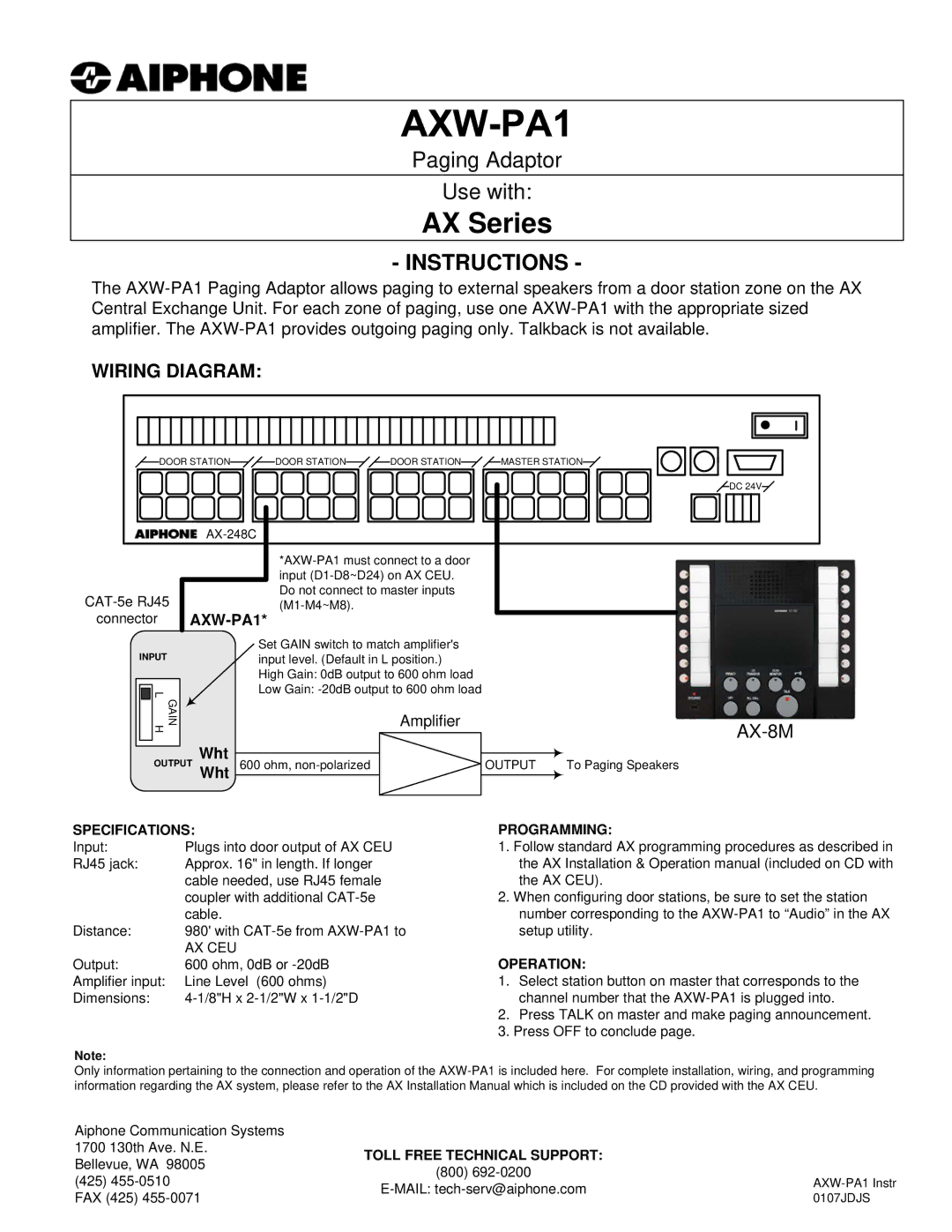 Aiphone AXW-PA1 specifications AX Series, Instructions, Wiring Diagram, AX-8M 