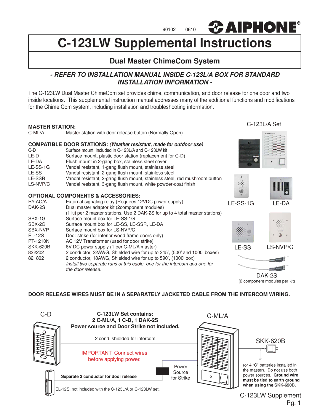 Aiphone C-123LW installation manual Ml/A, Master Station, Optional Components & Accessories 