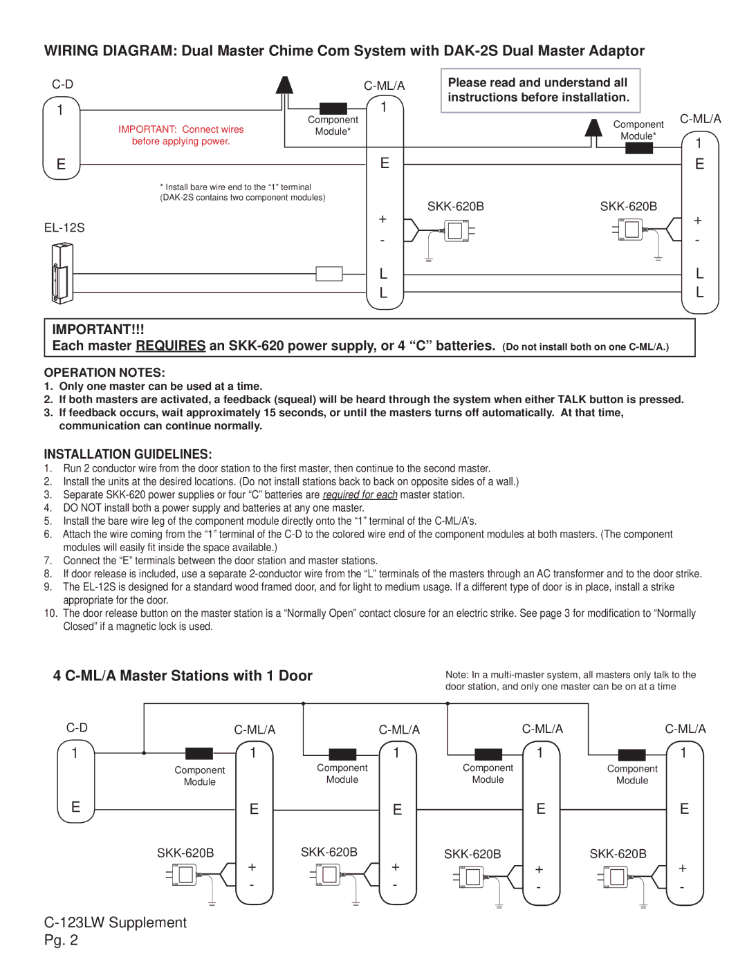 Aiphone C-123LW installation manual Ml/A, Operation Notes 