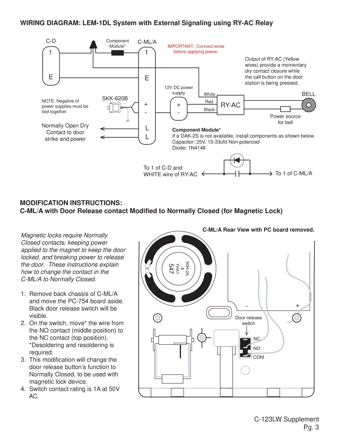 Aiphone C-123LW installation manual Ry-Ac, Modification Instructions 