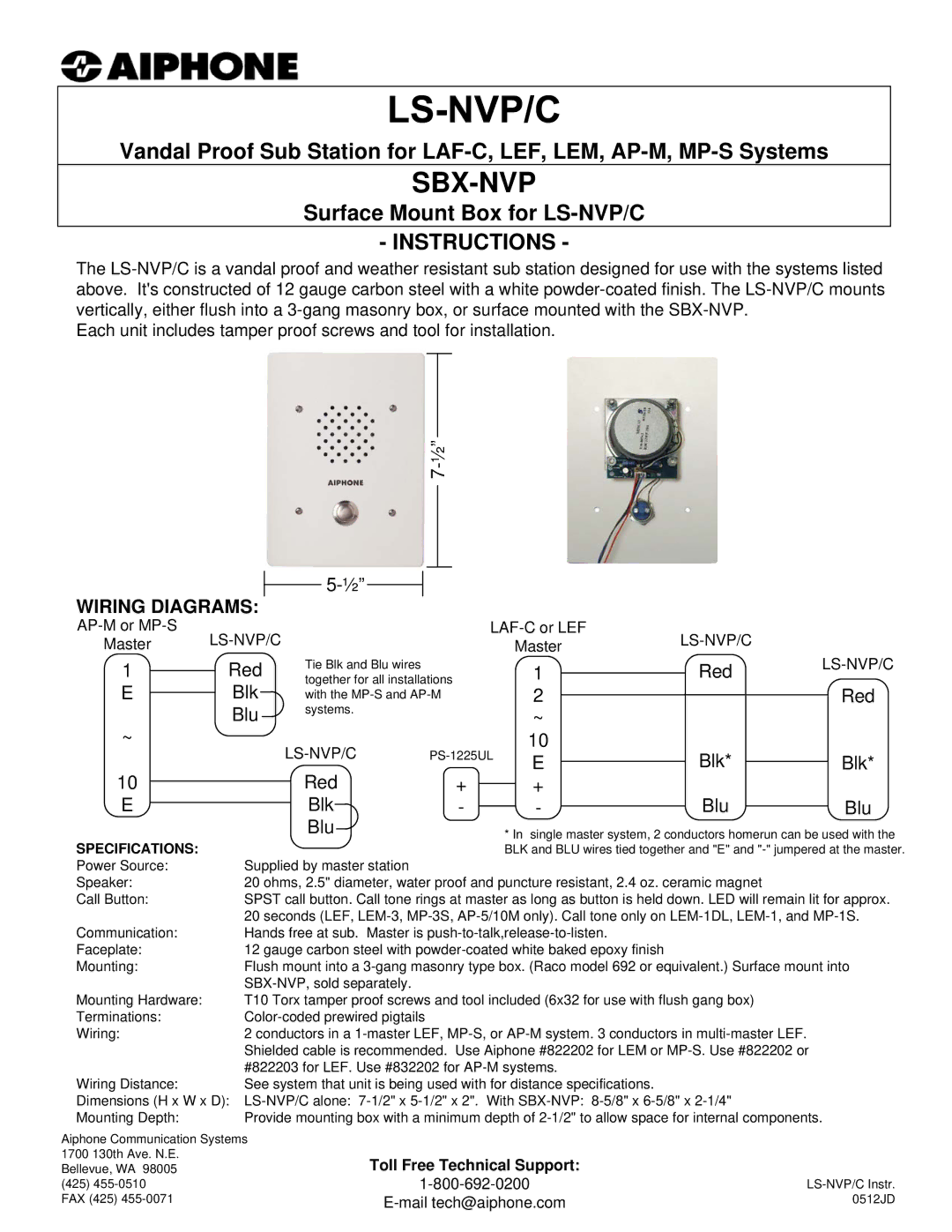 Aiphone LS-NVP, C specifications Sbx-Nvp, Instructions, Wiring Diagrams 