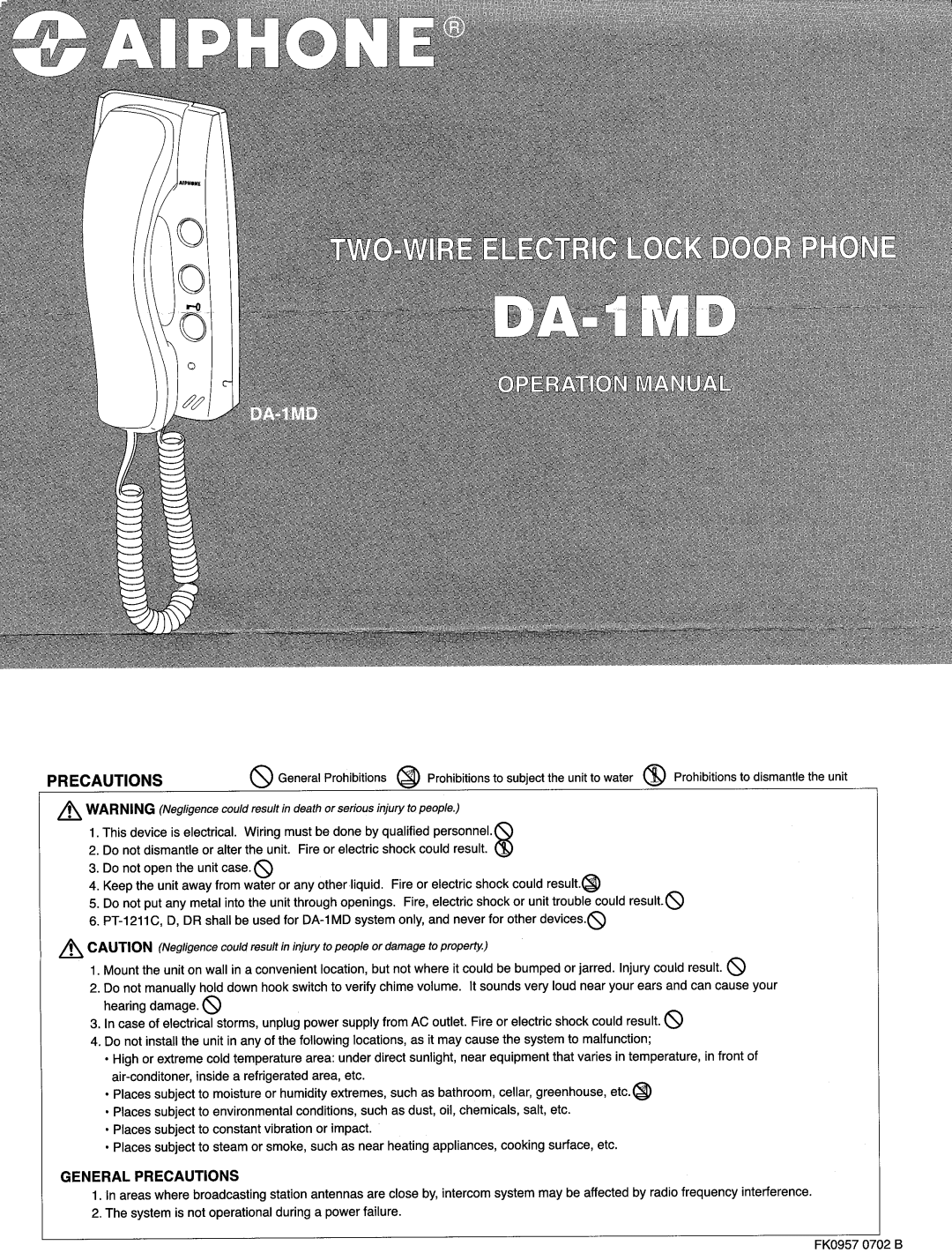 Aiphone DA-4DS, DA-1MD, DA-4DG, DA-2DG, DA-2DS manual 