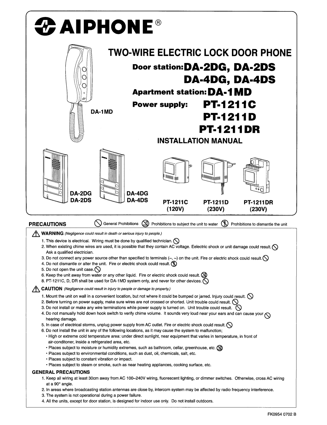 Aiphone DA-4DG, DA-4DS, DA-2DS, PT-1211C, PT-1211DR manual 