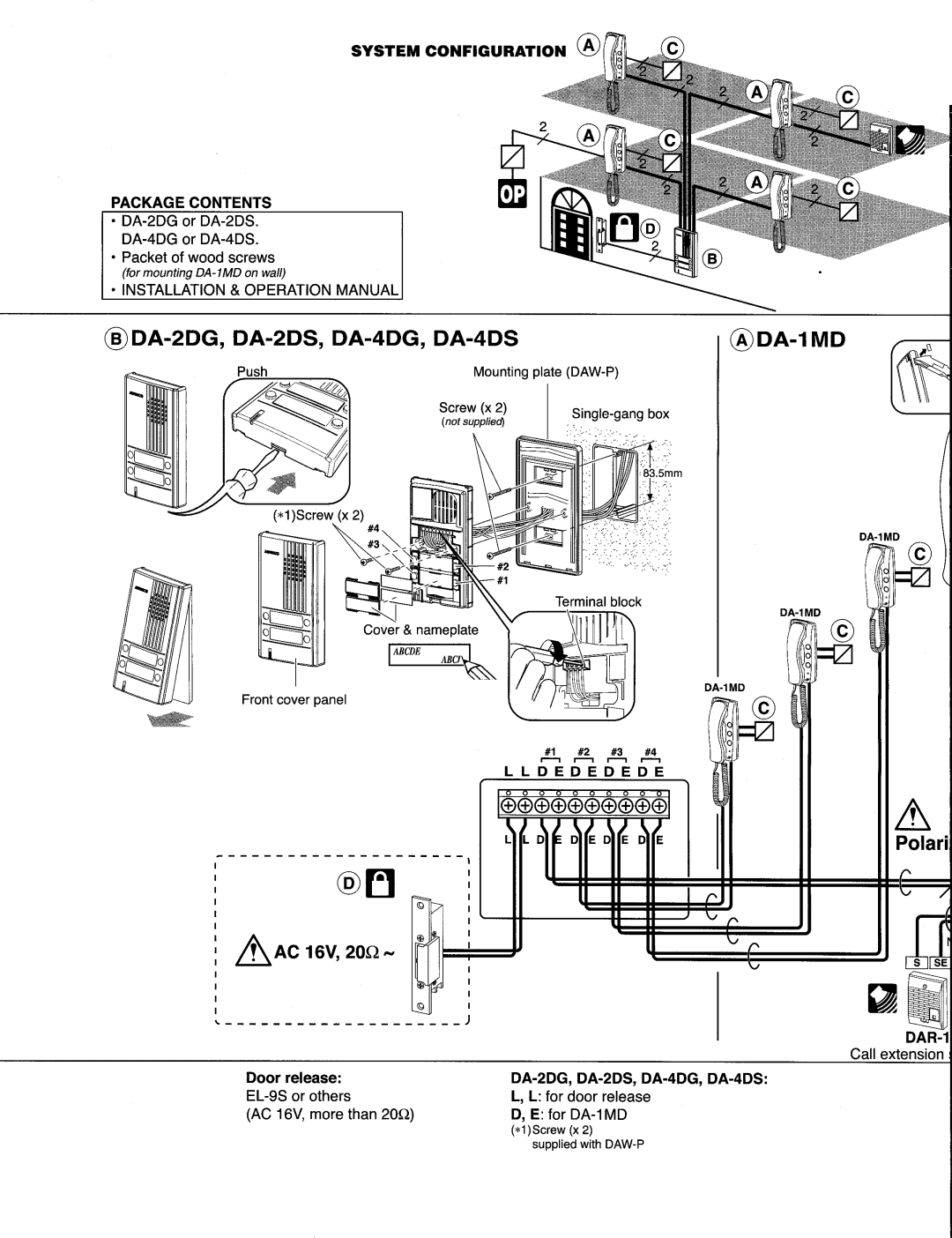 Aiphone DA-2DS, DA-4DS, DA-4DG, PT-1211C, PT-1211DR manual 