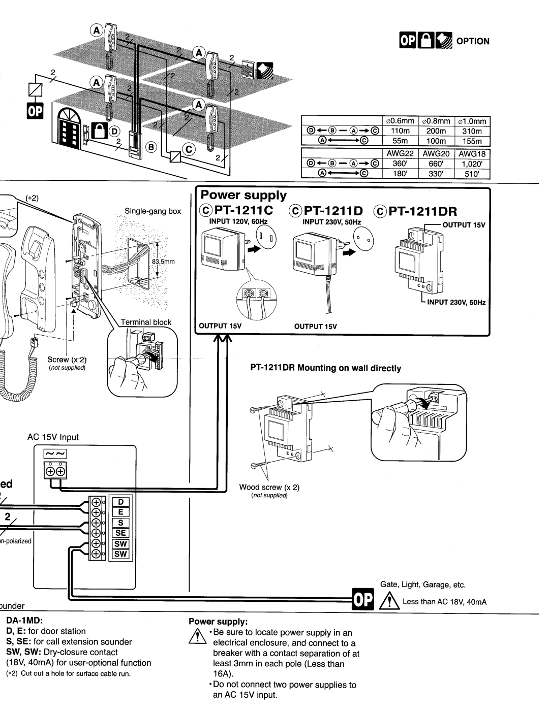 Aiphone PT-1211C, DA-4DS, DA-4DG, DA-2DS, PT-1211DR manual 
