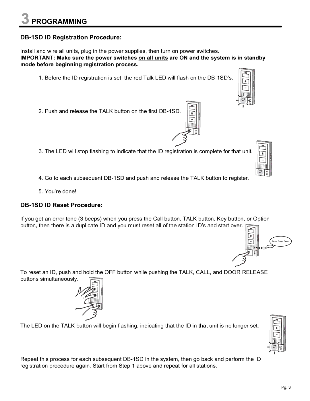 Aiphone manual Programming, DB-1SD ID Registration Procedure 