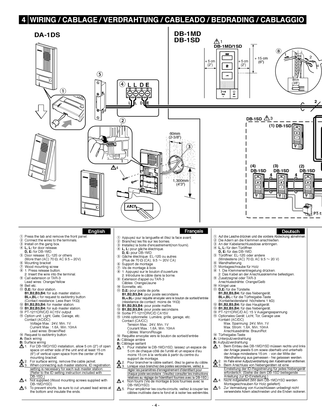 Aiphone DBS-1AP operation manual DA-1DS DB-1MD DB-1SD, English Français Deutsch, DB-1SD PT-12 