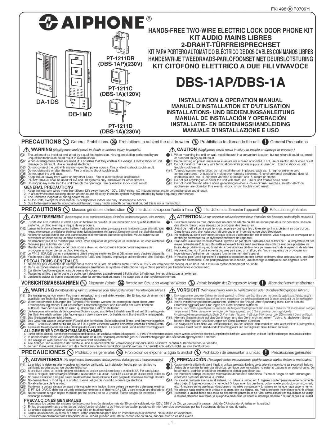 Aiphone DA-1DS operation manual KIT AUDIO MAINS LIBRES 2-DRAHT-TÜRFREISPRECHSET, DBS-1AP/DBS-1A, DB-1MD 