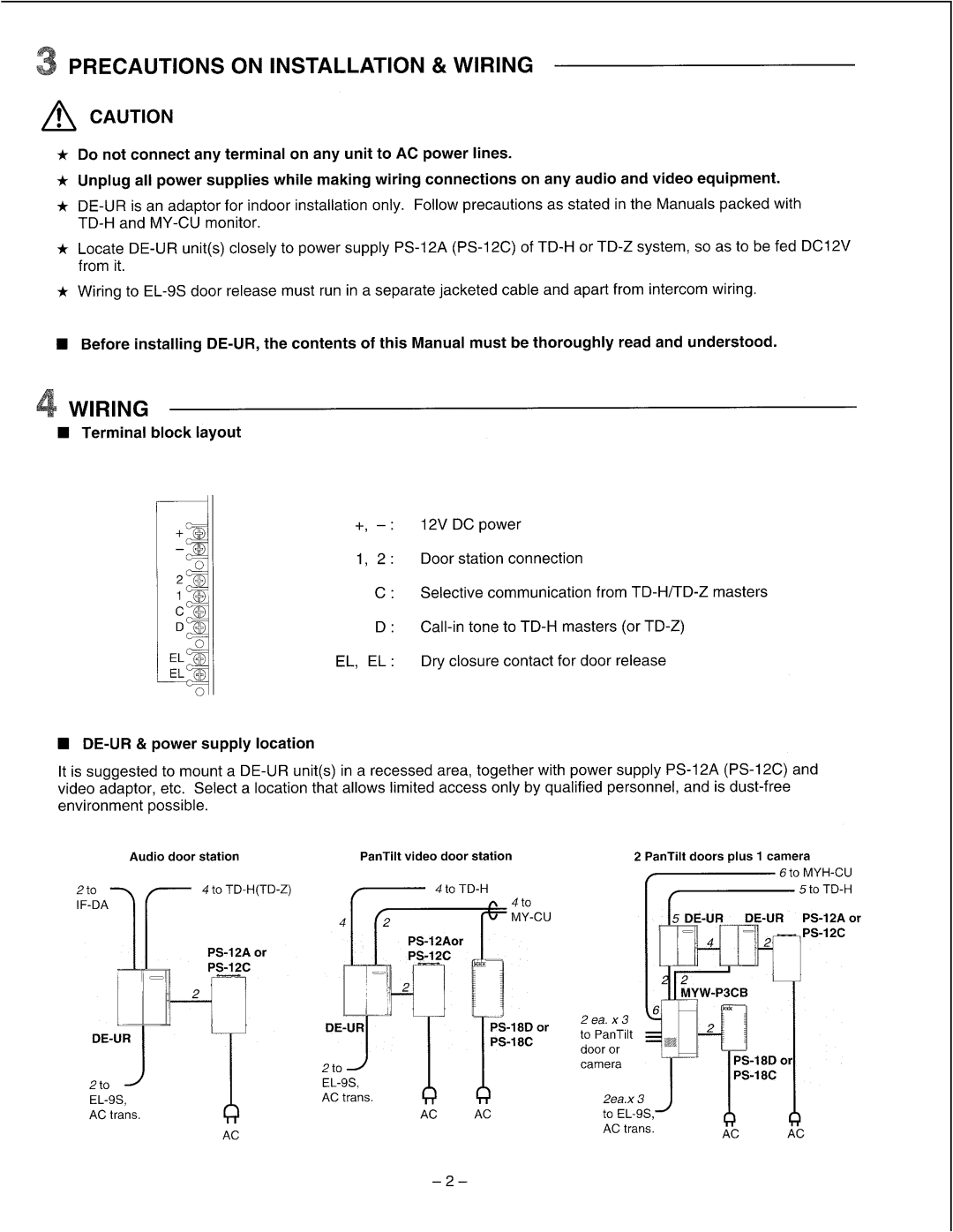 Aiphone operation manual Precautions on Installation & Wiring, Terminal block layout, DE-UR & power supp. IocaLJn 