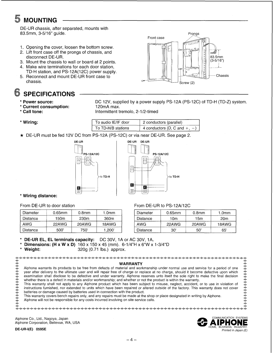 Aiphone DE-UR operation manual Mounting, SPECIFICAT10NS 