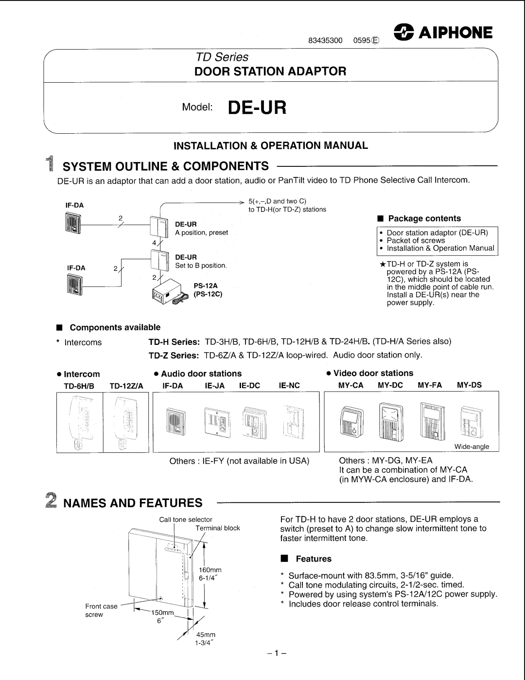 Aiphone DE-UR operation manual Door Station Adaptor, System Outline & Components, Names And Features, AlPHONE, TD Series 