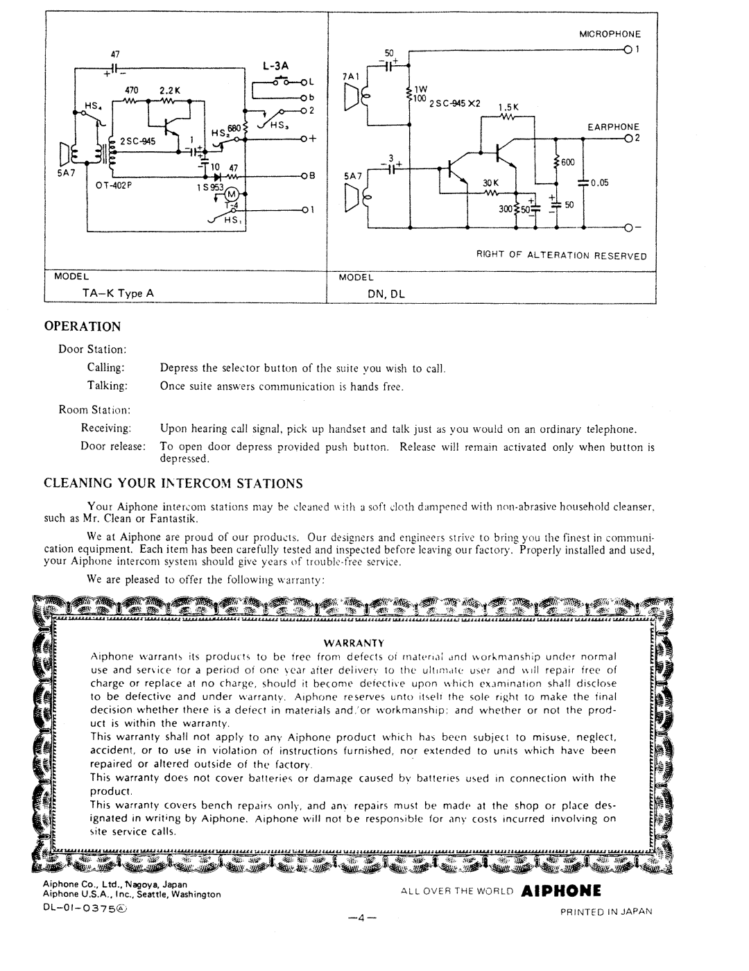 Aiphone DL-10, TA-K TYPE A manual 