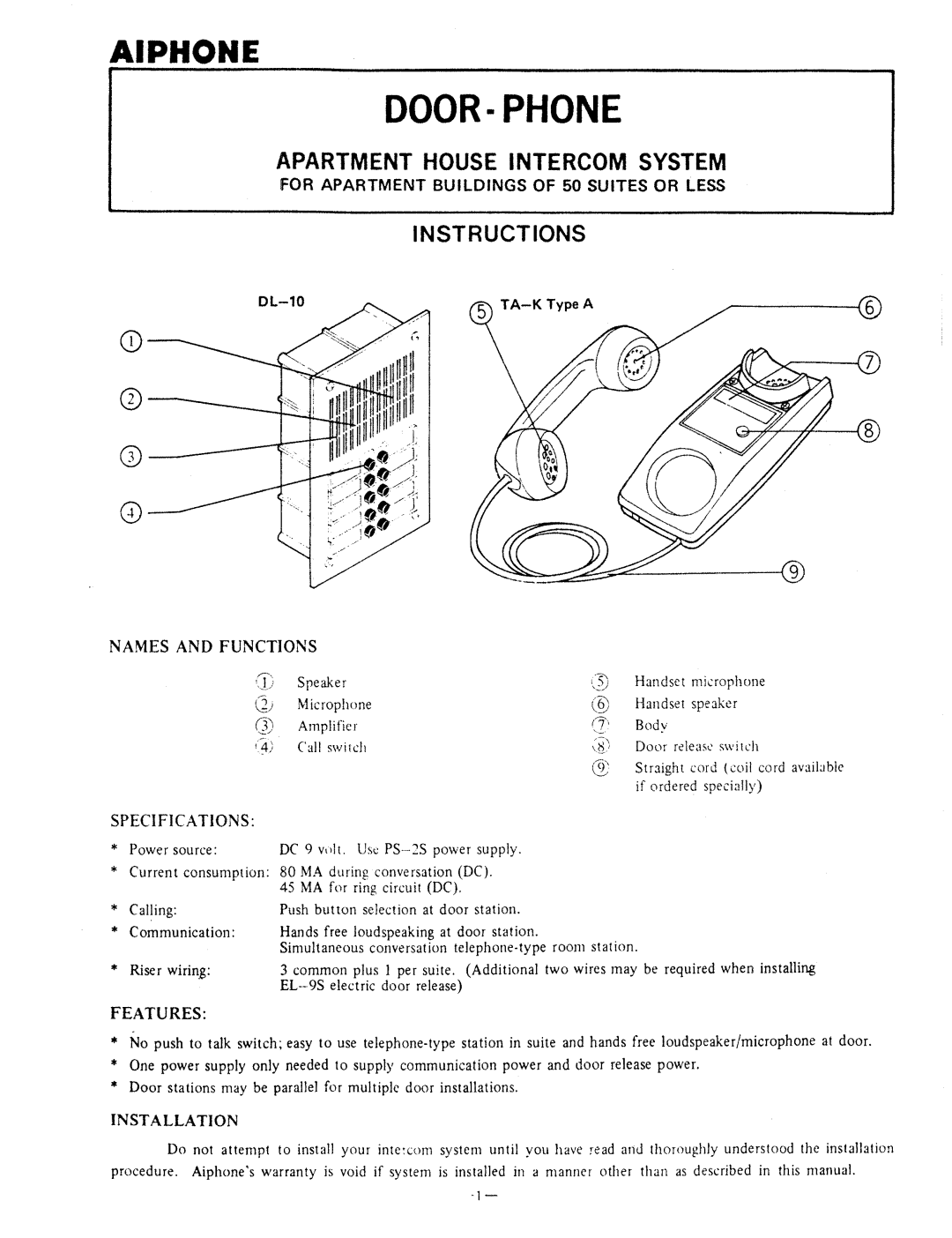 Aiphone TA-K TYPE A, DL-10 manual 