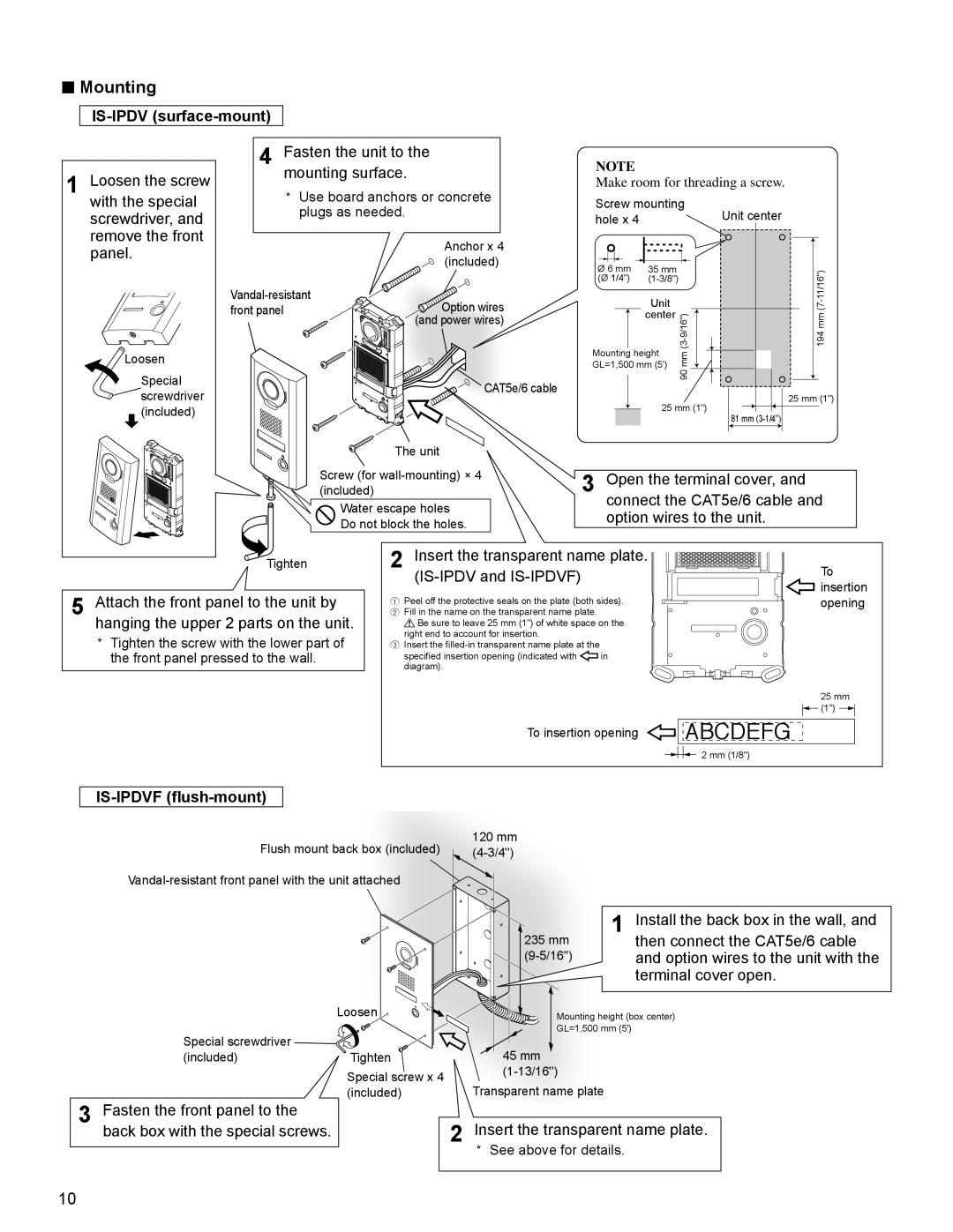 Aiphone FK1628 B P0811JZ installation manual Mounting, IS-IPDV surface-mount, IS-IPDVF ﬂush-mount 