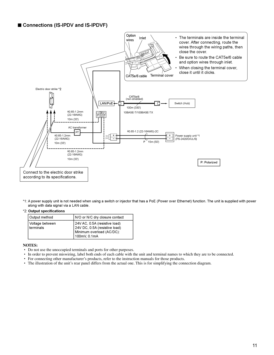 Aiphone FK1628 B P0811JZ installation manual Connections IS-IPDV and IS-IPDVF, Output speciﬁcations 